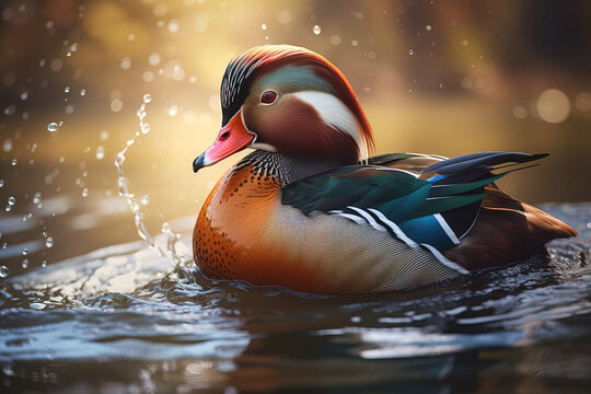 Image of a mandarin ducks are playing in the pond. Wildlife. Animals. illustration, generative AI.