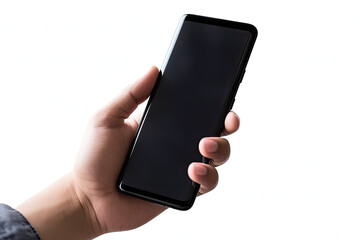 Hand holding a black smart phone with blank screen isolated on white background