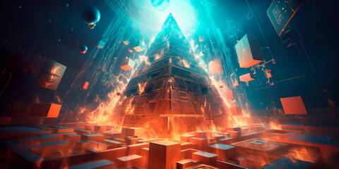 Fototapeta premium abstract image featuring a glowing, multidimensional pyramid surrounded by floating symbols and hieroglyphs.Generative AI