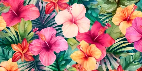 Foto op Canvas Tropical watercolor floral pattern with hibiscus and frangipani flowers, ideal for use in swimwear or beach-themed designs. Generative AI © Лилия Захарчук