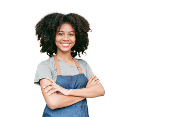 Isolated small business african american lady owner or barista with apron on white background.