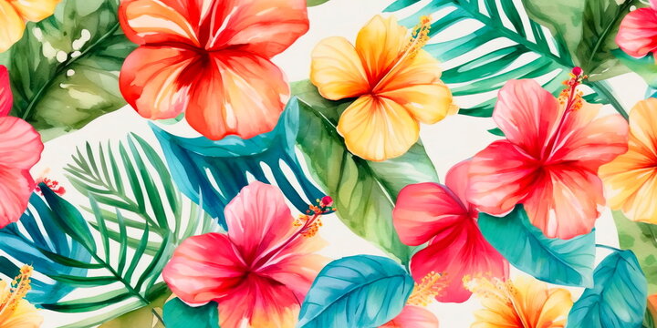 Tropical watercolor floral pattern with hibiscus and frangipani flowers, ideal for use in swimwear or beach-themed designs. Generative AI © Лилия Захарчук
