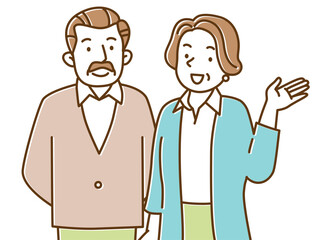 笑顔でこちらを見て手を挙げるシニア夫婦