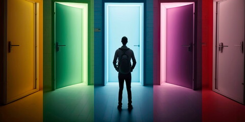 businessman in front of multiple doors of diverse colors as symbol for different opportunities. Generative ai