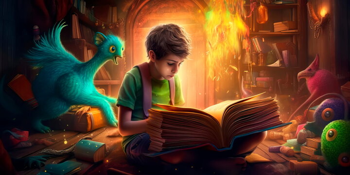 curious boy opening a book and being transported to a magical world filled with whimsical creatures and vibrant colors.Generative AI