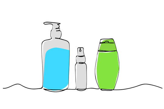 recommend clip art: simple vector sketch liquid soap and spray or sanitizer bottle single one line art, continuous 
                    