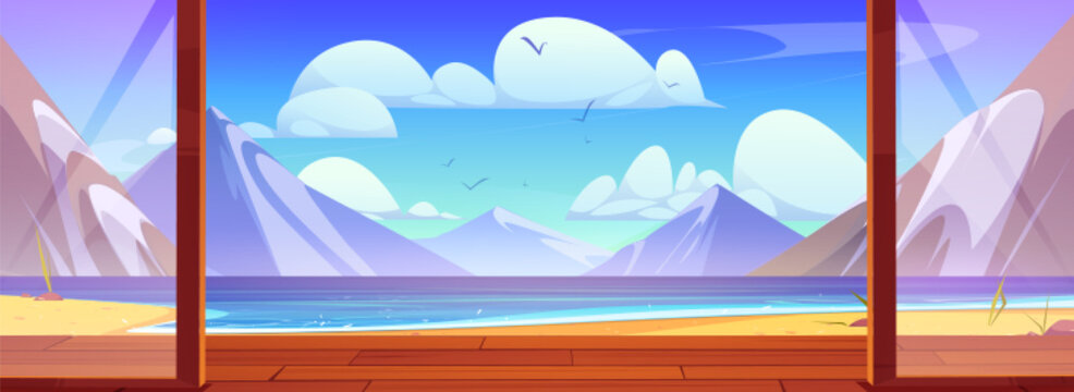 Mountain lake view from wooden terrace with glass door. Vector cartoon illustration of beautiful rocky landscape, sandy beach and calm water under blue sky seen from cottage window. Summer vacation