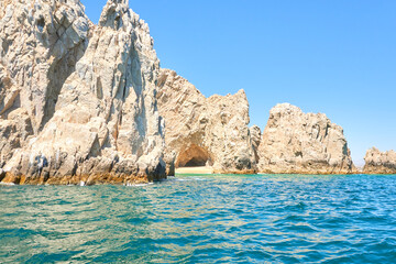 rocky mountains of los cabos, baja california sur, Mexico. Deep blue and emerald green pacific ocean in foreground. love and divorce beach.