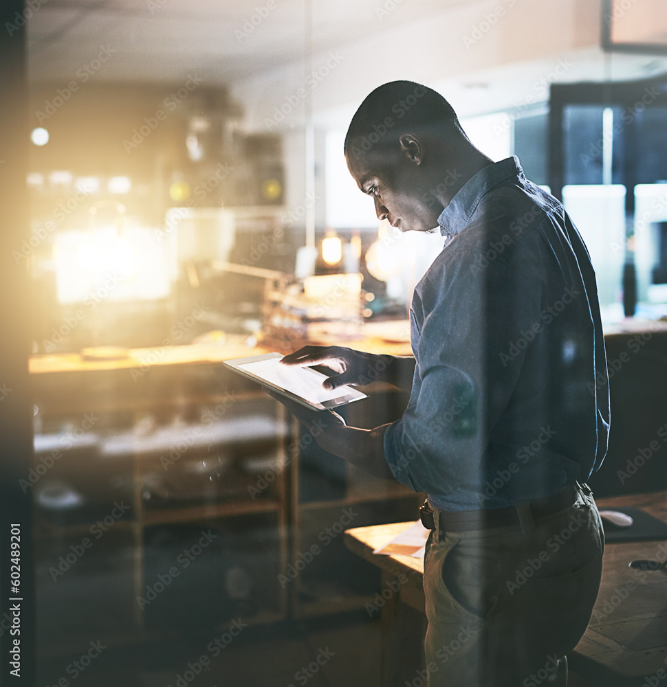 Aufkleber professional black man, tablet and night business, information technology and software update. male 