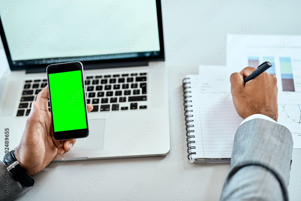 Poster phone, green screen and man hands writing notes, ideas and laptop planning for mobile app mockup and