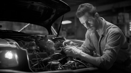 a black and white image of a man working on an engine. Generative Ai