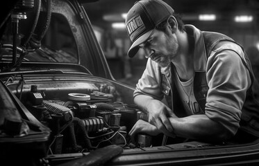 a black and white image of a mechanic working on a car. Generative Ai
