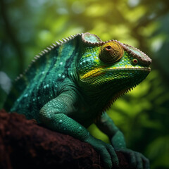 Obraz premium Green colored chameleon close up, beautifully made with Generative AI