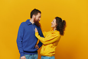 Man and woman couple smile and happiness, yellow background, family 