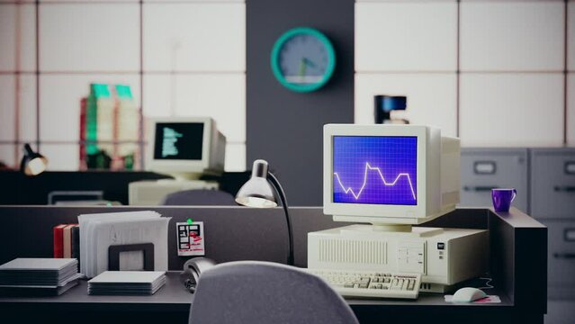 90s Office Desk - Big Old Computer with CRT monitor. Lamp, Phone, and paperwork. 3D Render