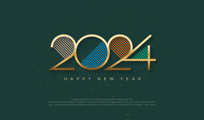 Gold and colorful design number 2024 to celebrate happy new year 2024. Premium vector design for greeting and celebration of happy new year 2024.