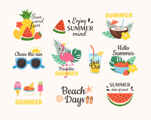 Summer set lettering labels with elements beach vacation and travel. Tropical fruit, drink, sun, signs for sticker, card, poster. Vector colored illustration collection