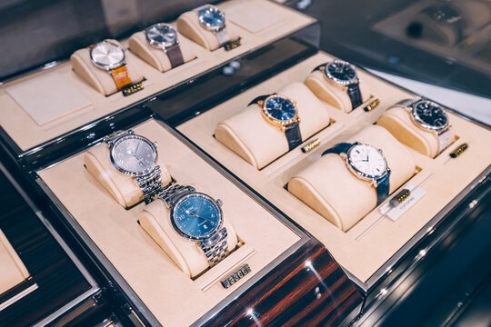 19 January 2023, Dubai, UAE: Very expensive vintage IWC luxury watches for sale at store window.