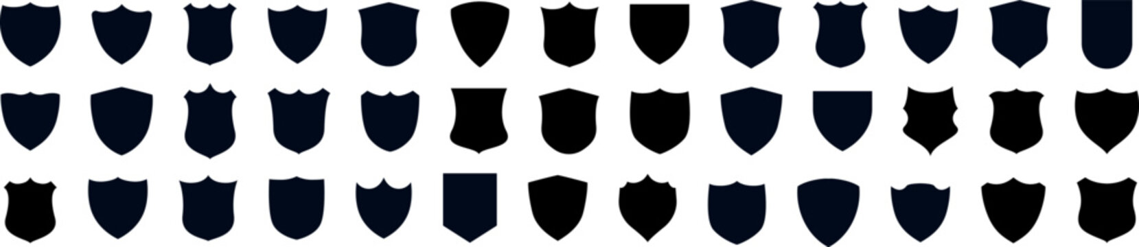Shields set. Collection of security shield icons with contours and linear signs. Design elements for concept of safety and protection. Vector illustration
