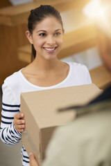 Delivery, box and woman with shipping service, courier or supplier and get a package in a cardboard...