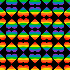 Seamless Pattern Background BG Rainbow Heart Love Pride Month. Multicolored LGBT LGBTQIA Tolerance. Colorful Wrapping Present Gift Paper. LGBT+ Geometric Wallpaper Design.