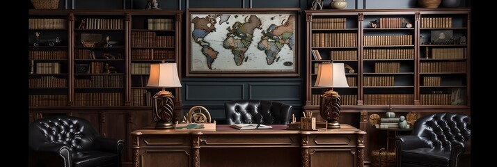 a desk and chair in a room with bookshelves