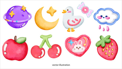 Apple Cherry Strawberry Cute Duck Moon Star Heart
watercolor vector illustration