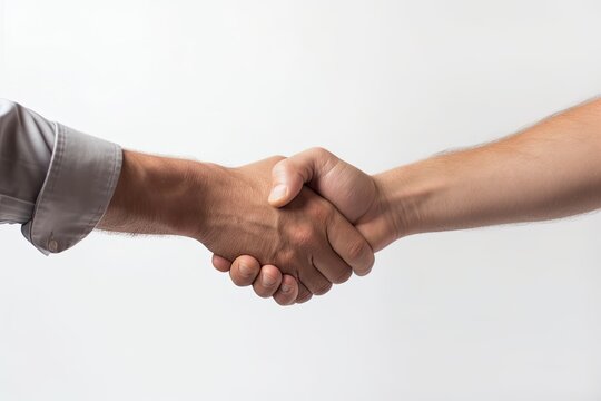 Two business people shaking hands white background, Generative AI