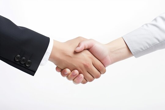 Two business people shaking hands white background, Generative AI