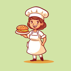Chef Cute Woman with Burger Vector Cartoon Icon Mascot Illustration
