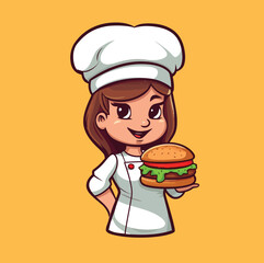 Chef Cute Woman with Burger Vector Cartoon Icon Mascot Illustration