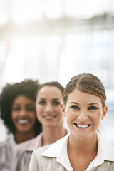Fototapeta premium Business people, face and woman management with team in portrait, smile with professional collaboration and mockup space. Company community, success and career mindset with group of female employees