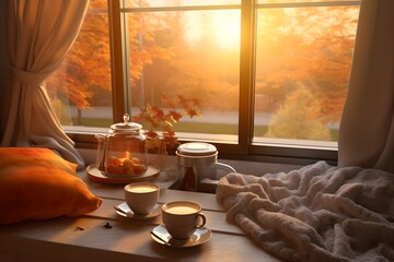 a cup of coffee sitting on a table next to a window