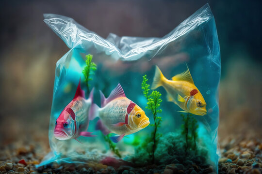Fish swimming in water in transparent plastic bag. Aquarium fish. Sad fish due ocean pollution by plastic. Generative AI