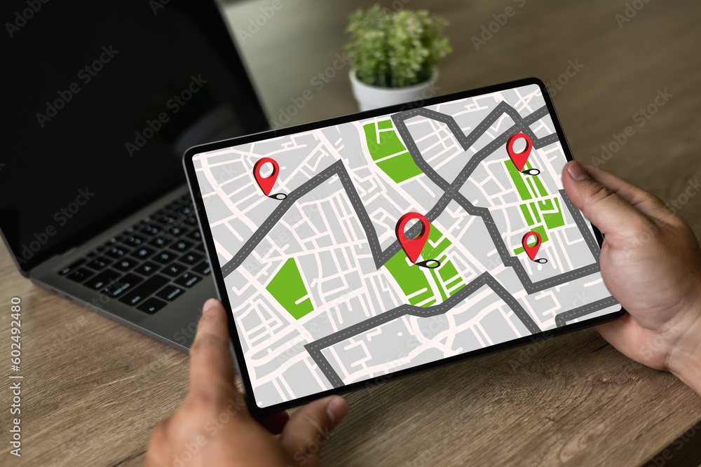 Poster gps map to route destination network connection location street map with gps icons navigation