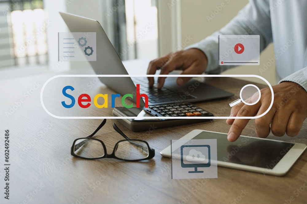 Poster man search job on laptop computer device online browse internet webpage research find global data se