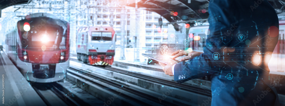 Aufkleber Engineer manager use tablets and AI systems. Inspect and control the operation of the sky train
