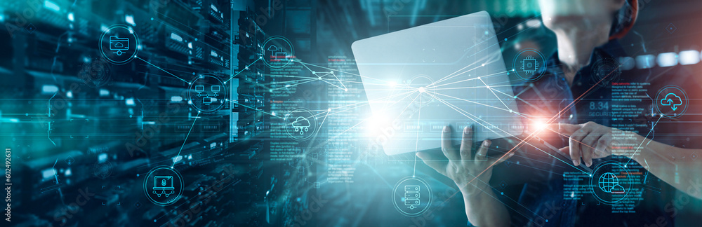 Poster Chief Engineer connecting data center on global networking in mainframe of server room of storage systems and connect of data on internet network business. innovation of futuristic.