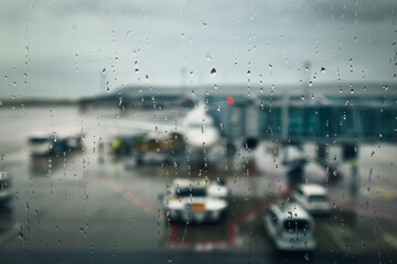 Gloomy weather at airport. Selective focus on drops on window of terminal against airplane in rain..