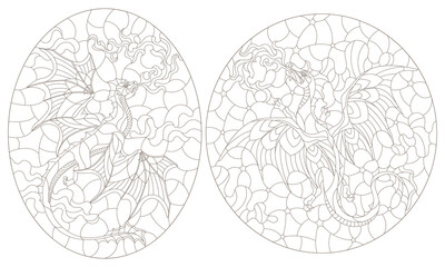 A set of contour illustrations in the style of stained glass with dragons, dark contours on a white background
