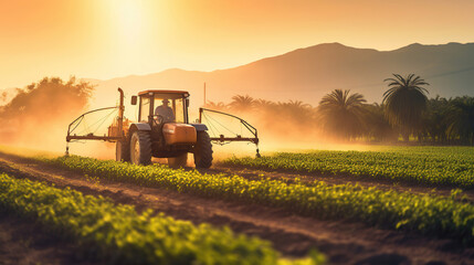 Fototapeta premium A tractor sprays pesticides on plantation field at sunset. Generative Ai