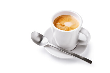 Cup of espresso coffee isolated on white background, closeup.