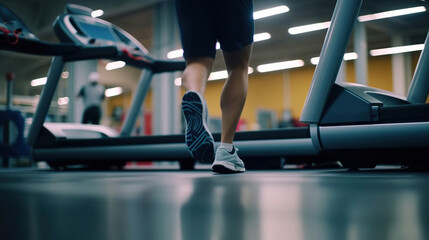 Fototapeta na wymiar Back view of unrecognizable male legs running on treadmill in gym. Male feet jogging in fitness club. Healthy lifestyle concept. Generative Ai