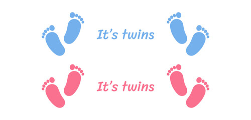 Baby footsteps of hand and leg. Newborn  twins.It's boy and girl. Twin icon. Heart frame shape.