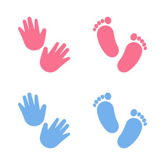 Baby footsteps of hand and leg. Newborn  twins.It's boy and girl. Twin icon. Heart frame shape.