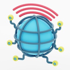 Internet Network 3d icon represented with wire frame globe and wireless signal