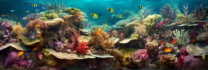 a colorful underwater scene with corals and fish