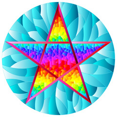 Illustration in stained glass style with abstract ryellow  five-pointed star on blue background, round image