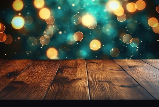 wooden tabletop on dark background with bokeh lights, generative ai