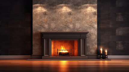 Large traditional fireplace with roaring fire. Empty mantle piece mockup shelf. Generative Ai - obrazy, fototapety, plakaty